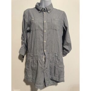 Afternoon Blue White Striped Cotton Button Front Utility Romper Womens Small